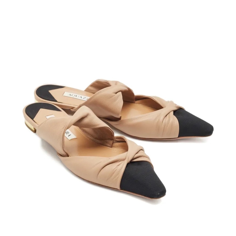Aquazzura Leather & Fabric Twist Front Slip on Mules in Nude/Black - 39 / US 9